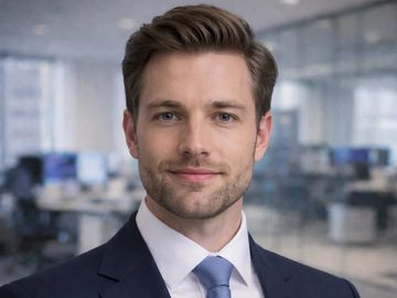 Professional young man in a suit smiling confidently in an office.