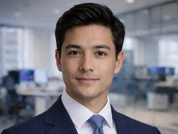 Professional man in a navy suit and blue tie posing in an office.