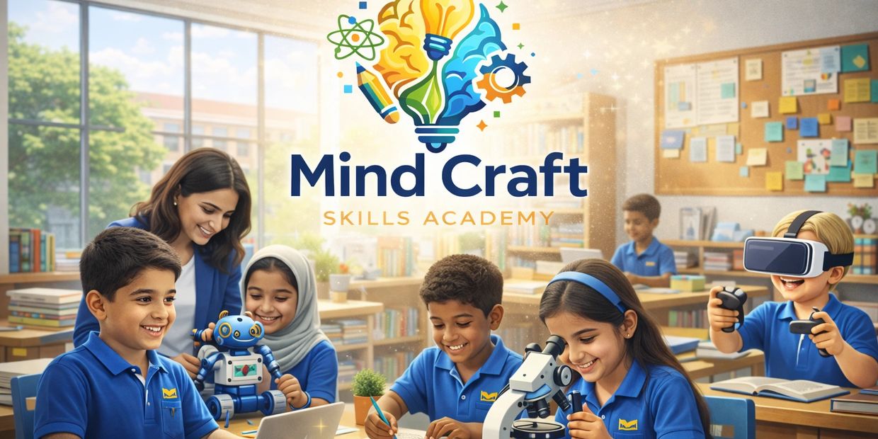 Children engaged in STEM activities at Mind Craft Skills Academy with technology and learning tools.