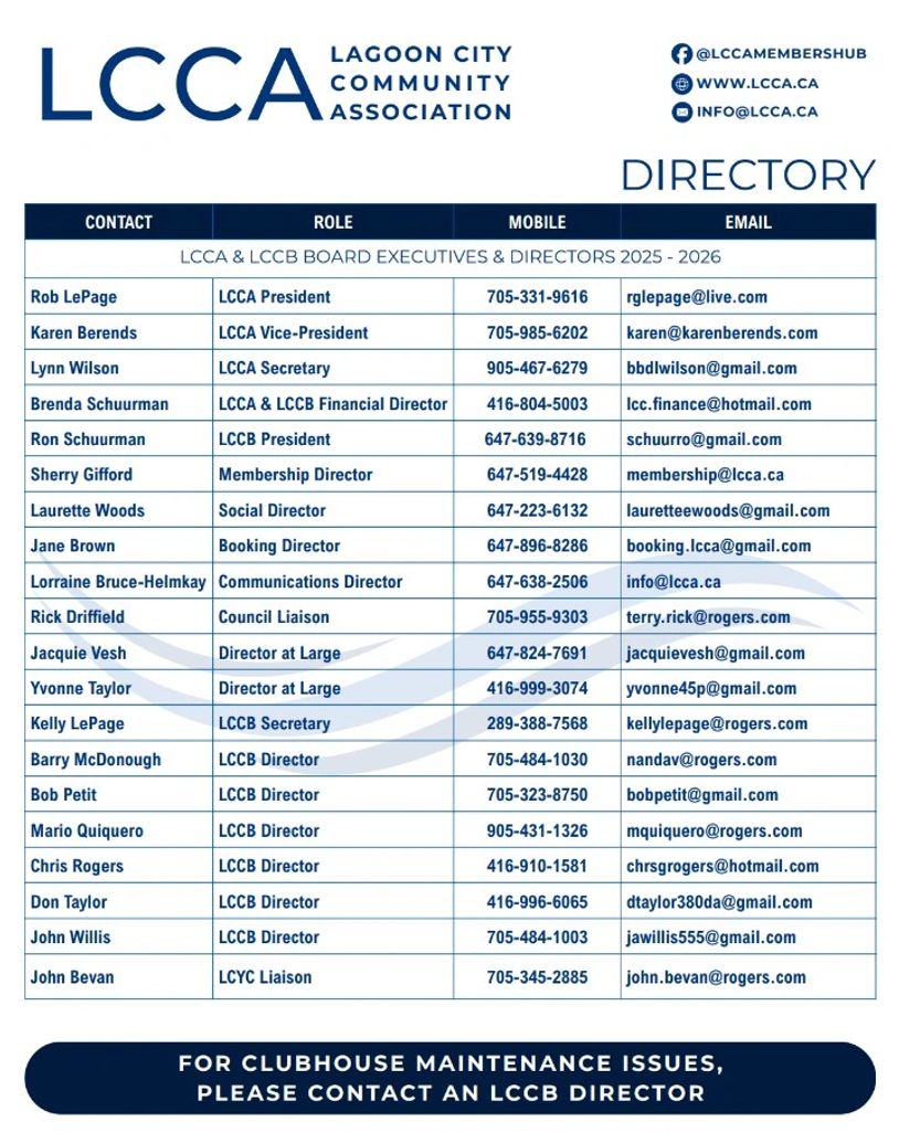 Contact directory of LCCA and LCCB board executives and directors for 2025-2026.