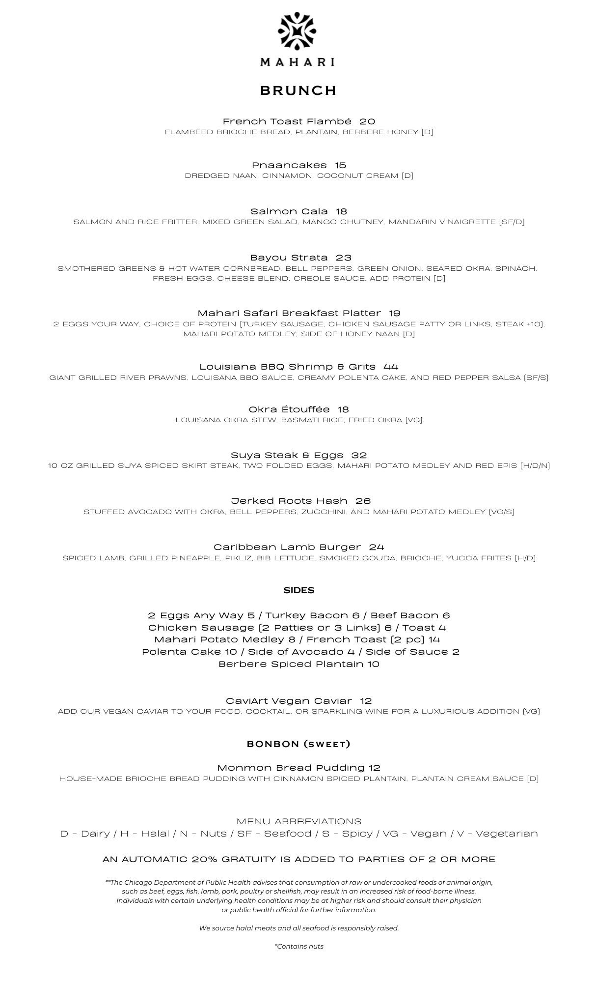 MAHARI Brunch Menu