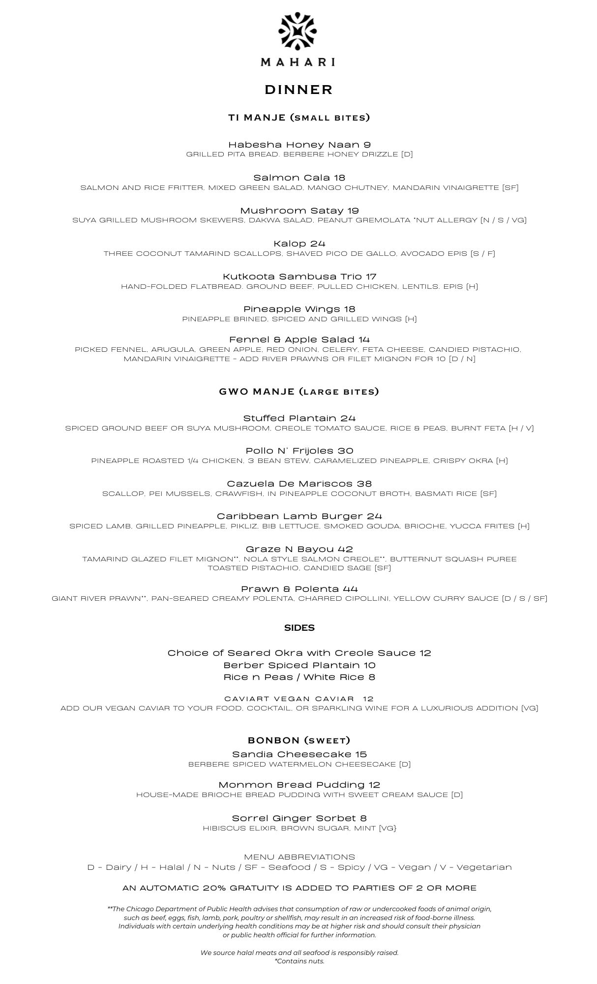 MAHARI Dinner Menu