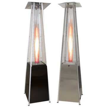 Two outdoor patio heaters with flame tubes, one black and one silver.