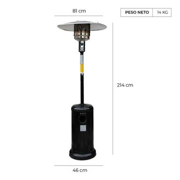 Outdoor patio heater with dimensions and weight details.