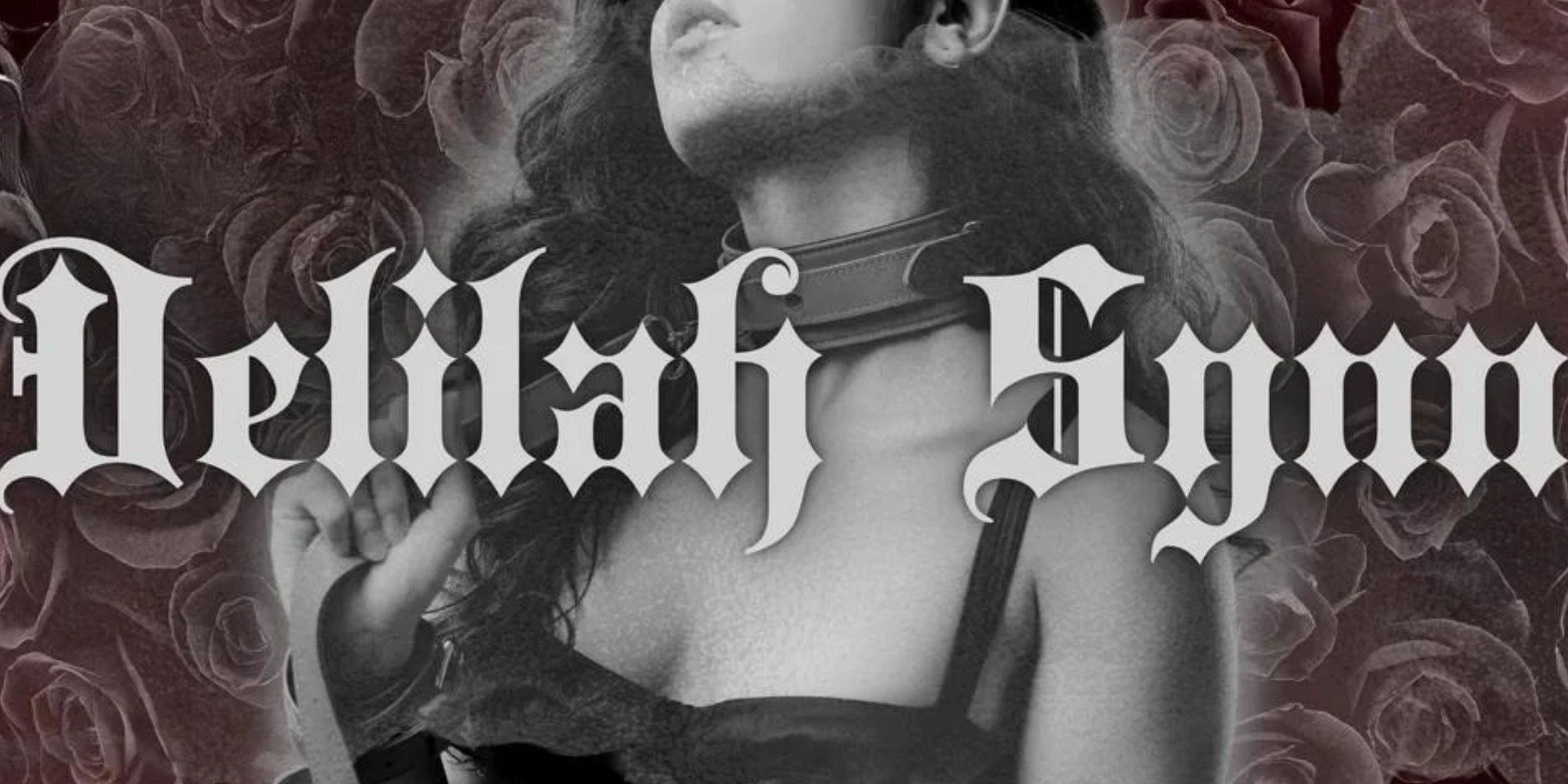 Black and white artistic photo of a woman with gothic text overlay.