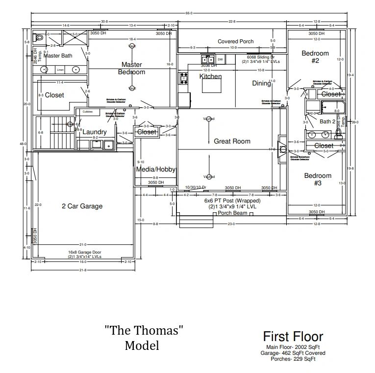 Floor plan of 'The Thomas' model showing rooms and dimensions on the first floor.