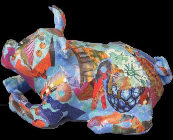 This fancy pig named Blossom is a clay and mixed media collage sculpture.  So colorful and flashy, B