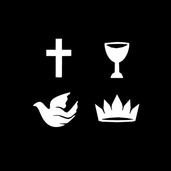 Four white religious symbols on a black background.