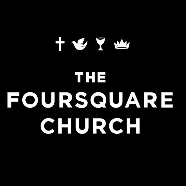 Logo of The Foursquare Church featuring religious symbols and bold text.