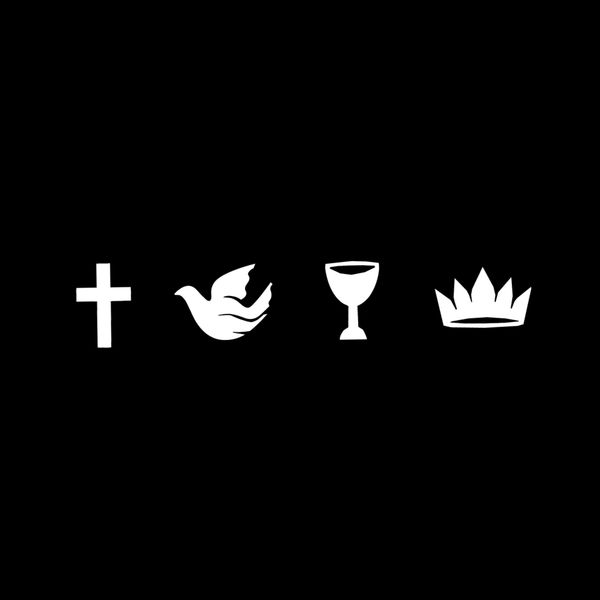 Symbols of faith: cross, dove, chalice, and crown in white on black.