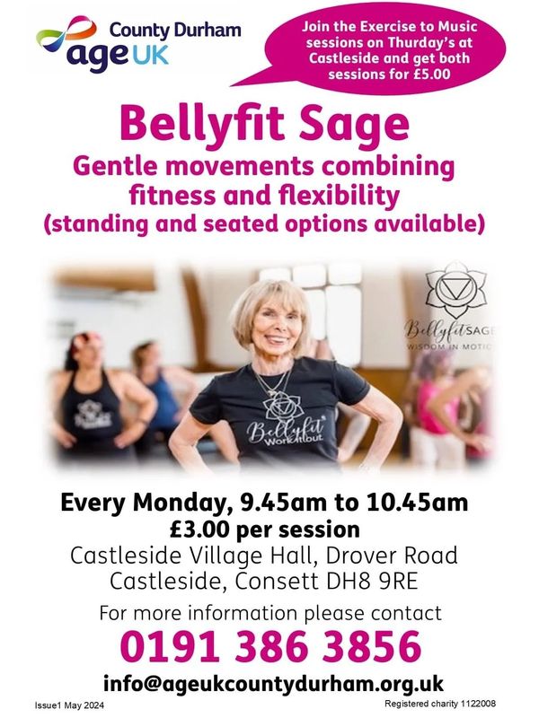 BellyFit Sage, gentle movements combing fitness & flexibility.  Standing or seated options 