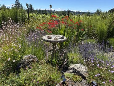 A serene garden with colorful flowers and a stone birdbath in the center.