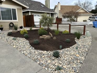 A neatly landscaped front yard with mulch, rocks, and small plants.