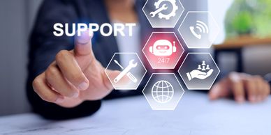 Person interacting with digital support service icons.