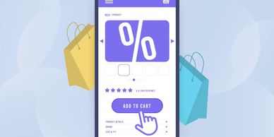 Mobile shopping app showing a discount offer and add to cart button.