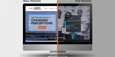 Comparison of new and old website designs on a computer screen.