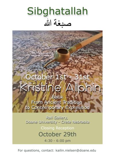 Art exhibition poster for Kristine Allphin's batik show at Doane University.