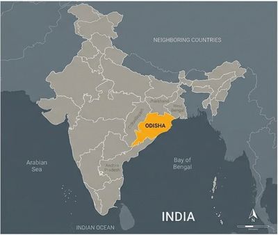 Map highlighting Odisha state in India in orange.
