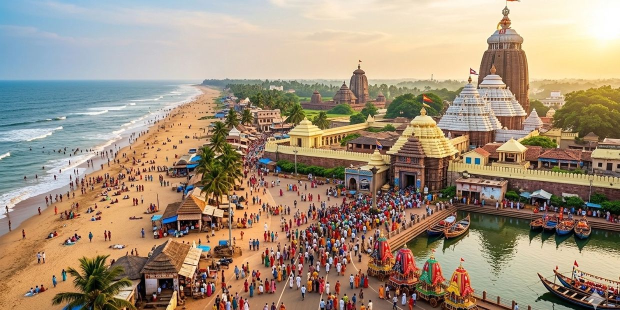 Crowds gather at a coastal temple complex during sunset festival.