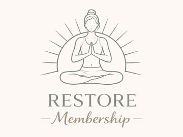 Minimalist logo of a meditating woman with sun rays, titled 'Restore Membership'.