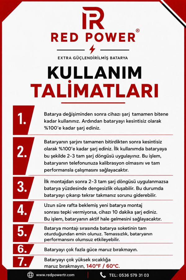 Red Power batarya kullanım talimatları ve şarj önerileri.