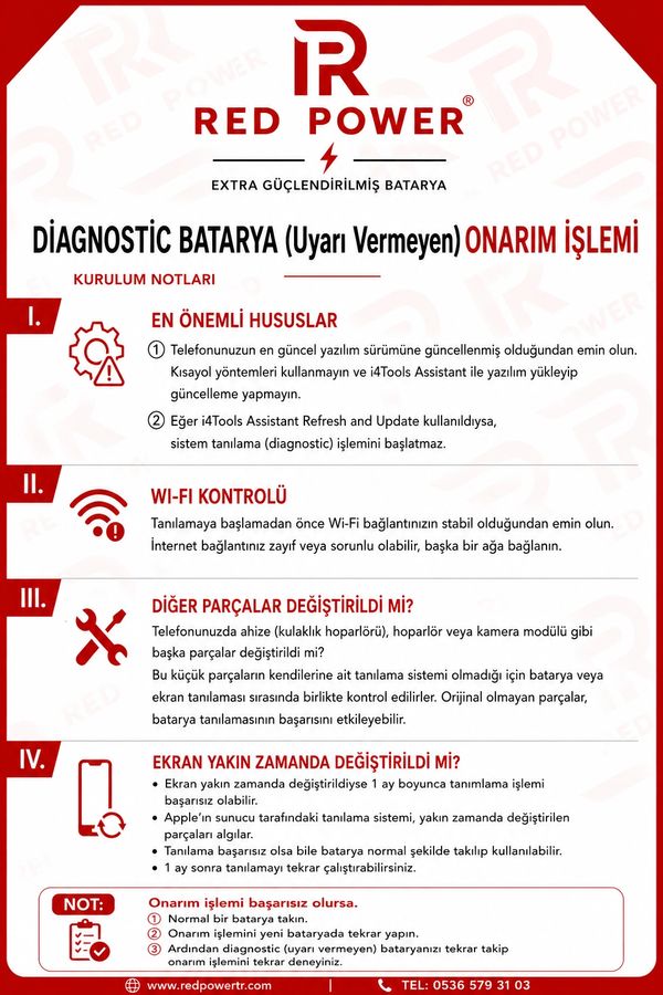 Red Power batarya onarım işlemi kurulum notları ve önemli hususlar.