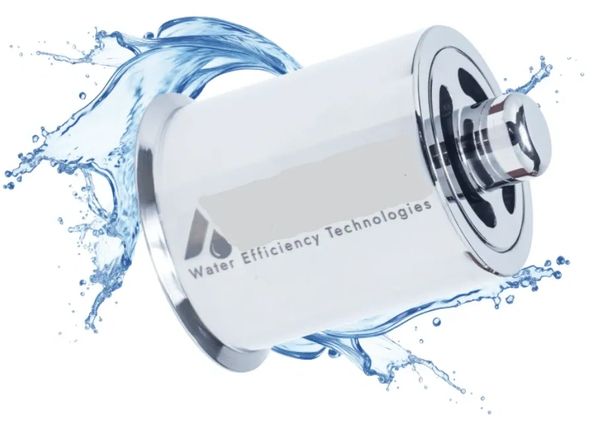 A chrome water-saving device with splashing water and logo 'Water Efficiency Technologies'.