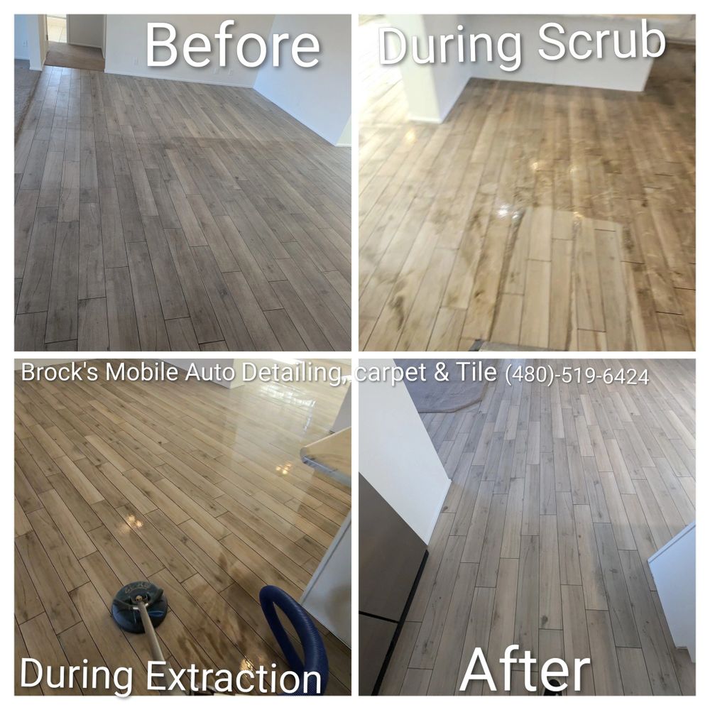 Floor cleaning process showing before, during, and after stages.