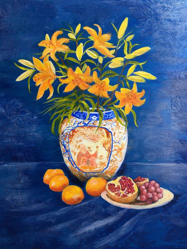 Still life with lilies and pomegranates