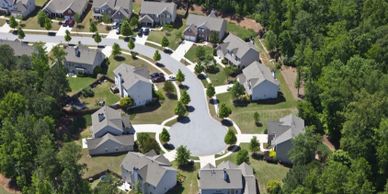 Aerial shot of a typical Atlanta subdivision cul de sac.