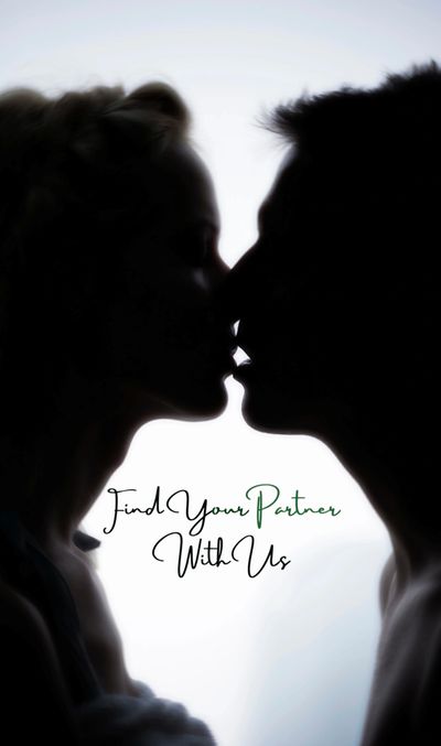Silhouetted couple about to kiss with 'Find Your Partner With Us' text.