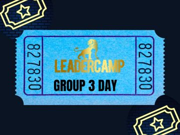 A blue LeaderCamp group day ticket with number 827830.