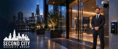 Security guard standing outside a modern building at night.
