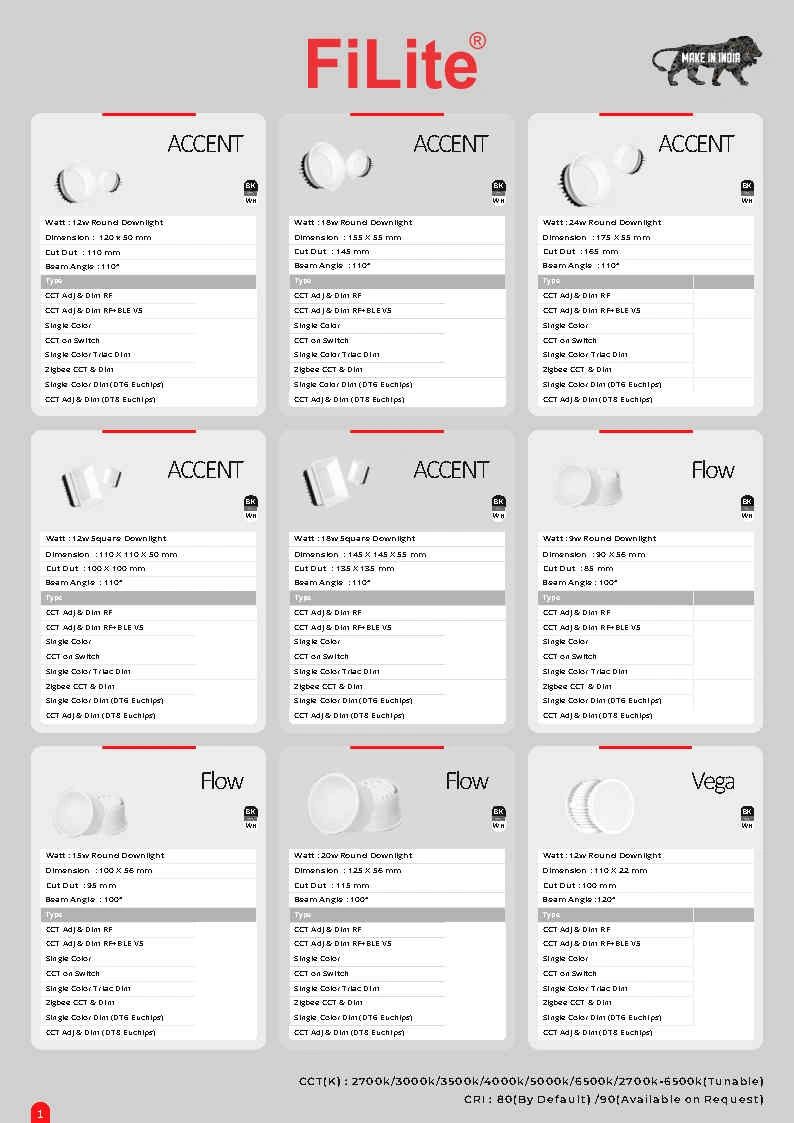 FiLite LED downlight options with specifications and features.