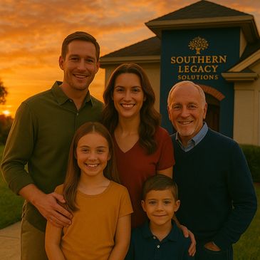 Smiling family of five posing outside Southern Legacy Solutions at sunset.