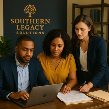 Three professionals collaborating at Southern Legacy Solutions office.