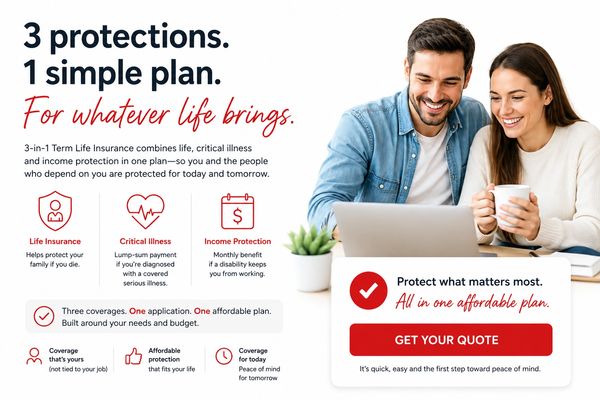 3-in-1 term life insurance with life, critical illness and income protection benefits