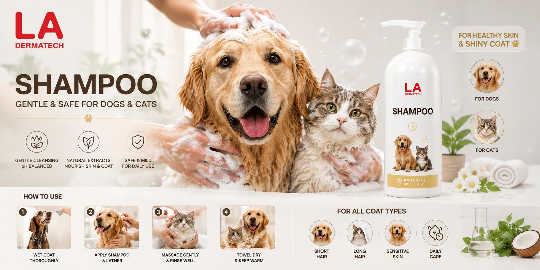 LA Dermatech shampoo for gentle, safe dog and cat care with natural extracts and pH balance.