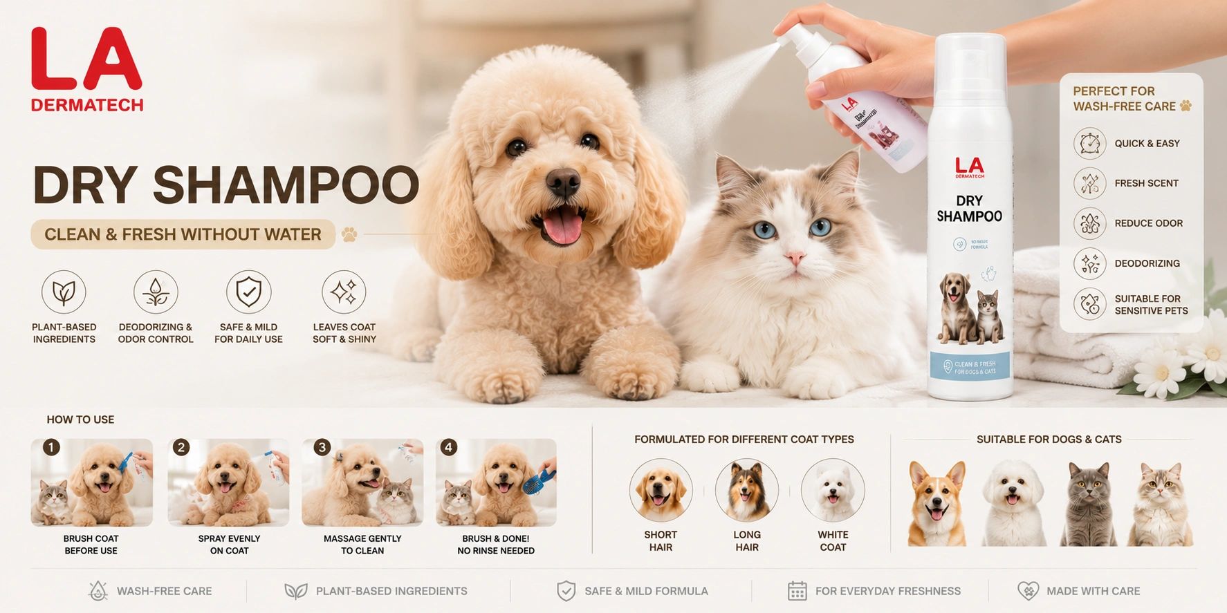 LA Dermatech dry shampoo for pets keeps coats fresh and clean without water.