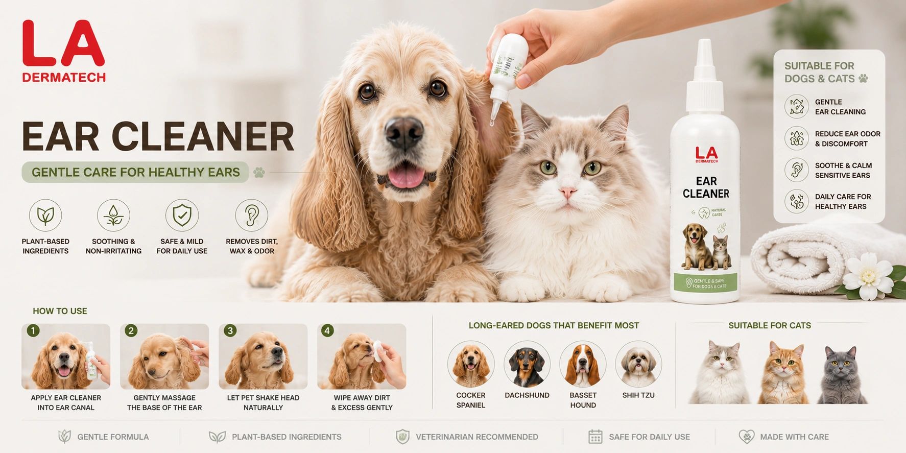 LA Dermatech ear cleaner for gentle, safe care of dogs' and cats' ears.