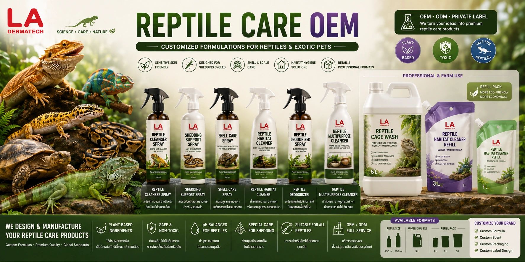 LA Dermatech offers reptile care products with plant-based, non-toxic formulas for shedding, cleaning, and habitat maintenance.