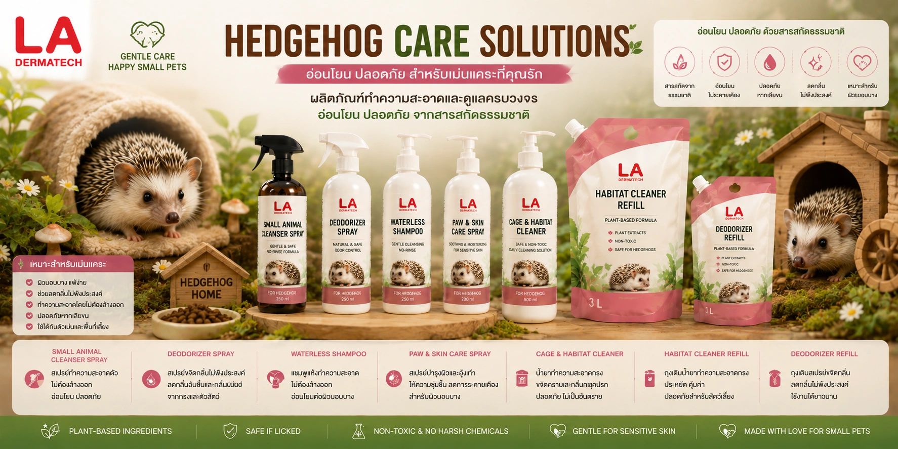 Hedgehog care products by LA Dermatech for gentle, safe cleaning and odor control.