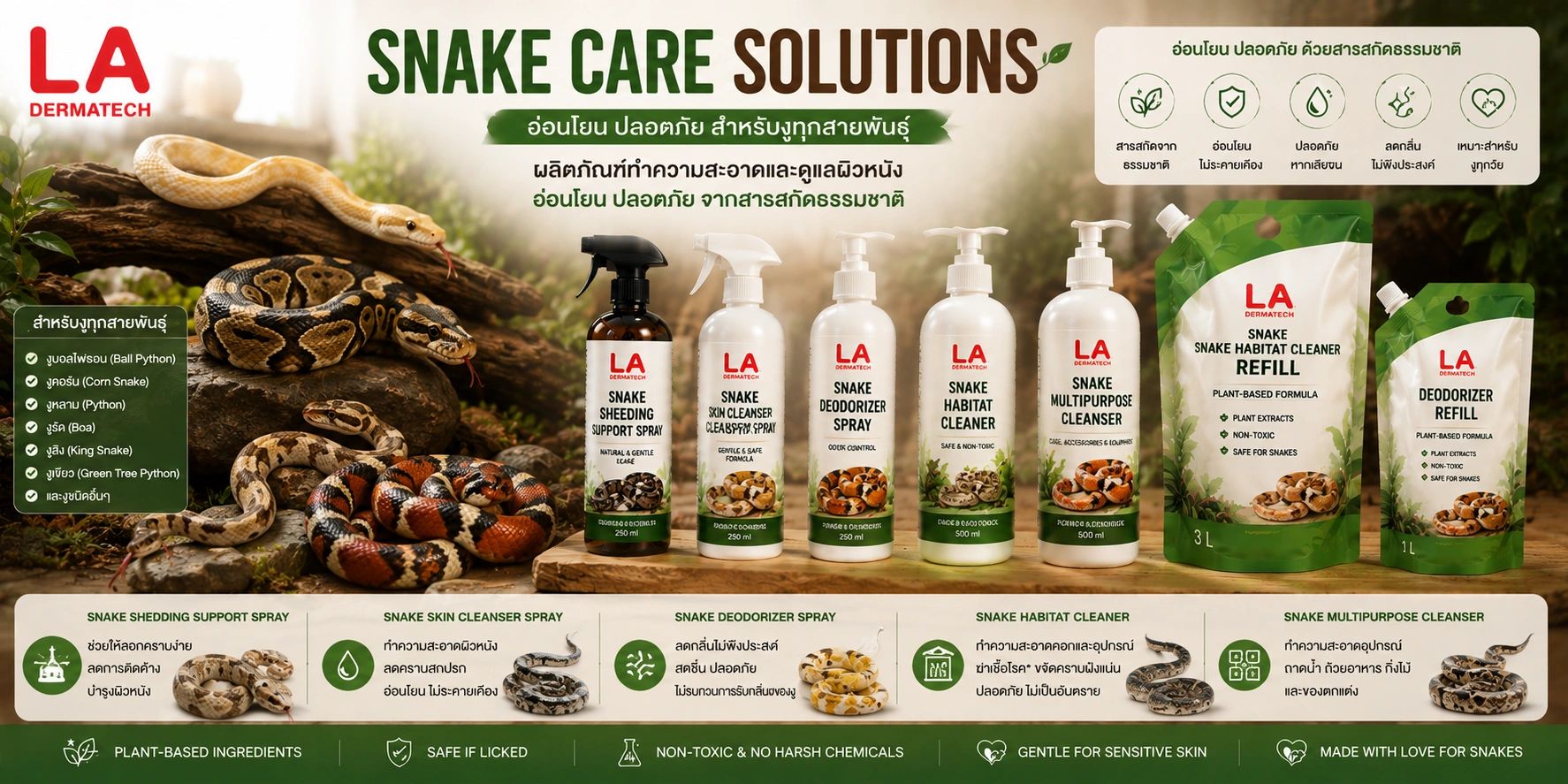 LA Dermatech offers natural snake care solutions safe for all snake breeds.