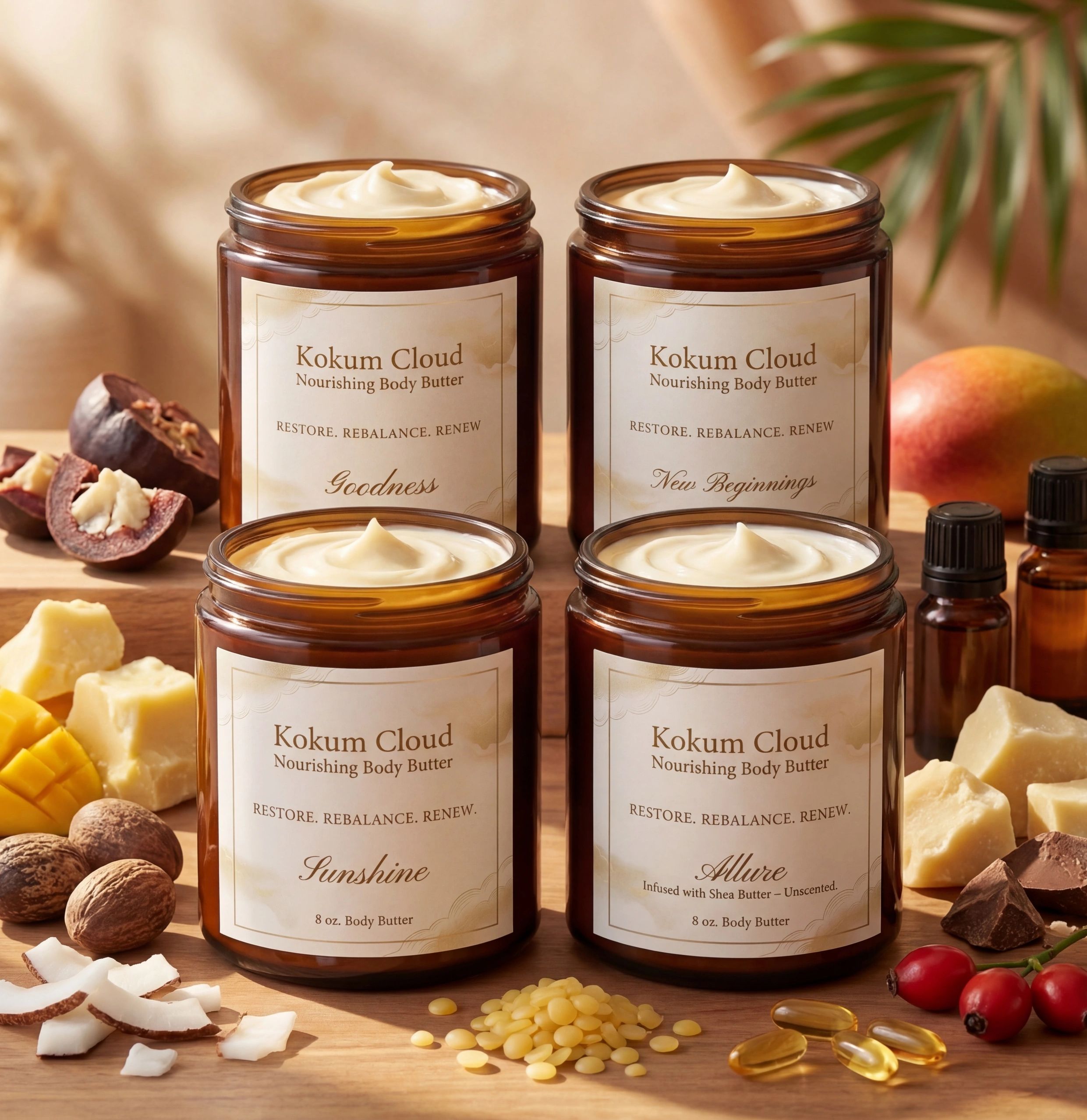 Four jars of Kokum Cloud nourishing body butter with natural ingredients around them.