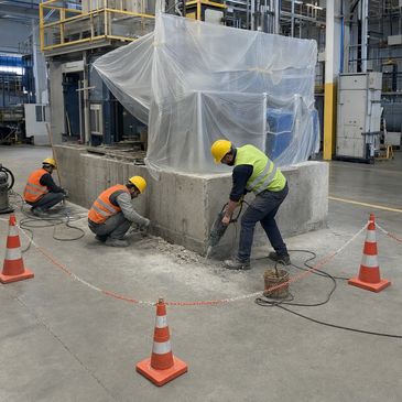 Üç işçi fabrika içinde beton kesiyor.
