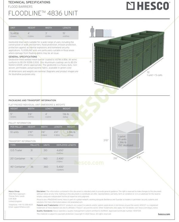 Hesco Floodline 4836 Unit specifications and transport details for flood barriers.