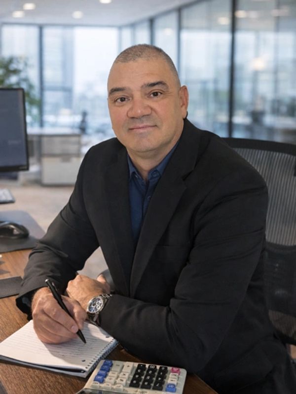 Businessman in a suit writing notes at his desk with a calculator.