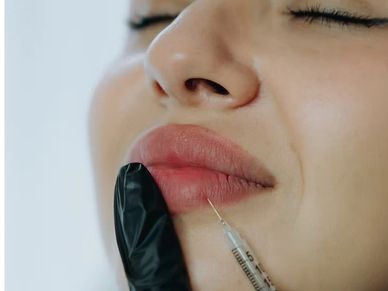 Close-up of a woman receiving a lip injection with eyes closed.