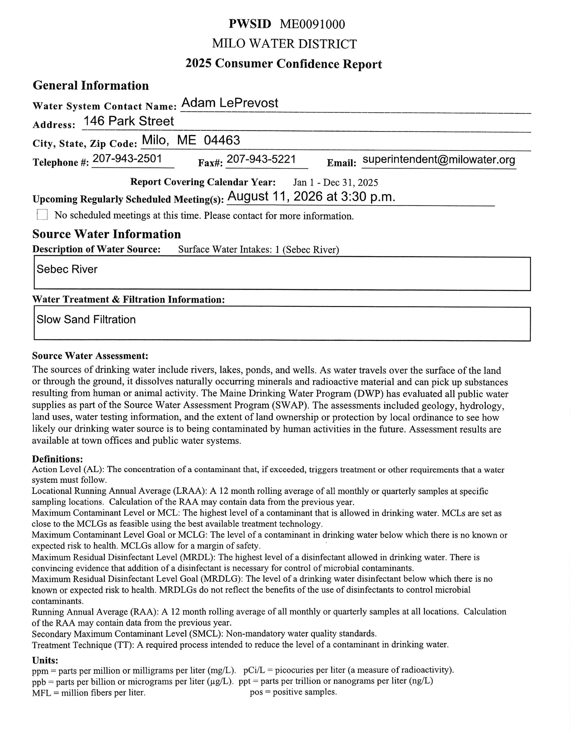 2025 Consumer Confidence Report for Milo Water District with source water from Sebec River.