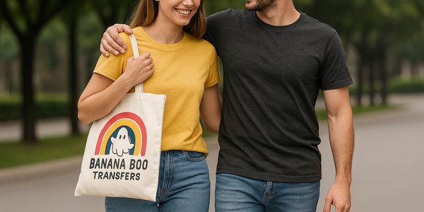 Couple with girl carrying a custom bag that has the banana boo dtf transfers. 